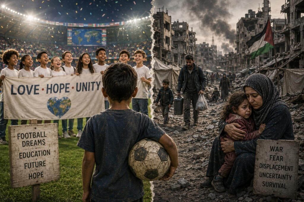 Conceptual artwork showing two contrasting childhoods: football dreams and hope on the left versus war survival and displacement in Palestine on the right