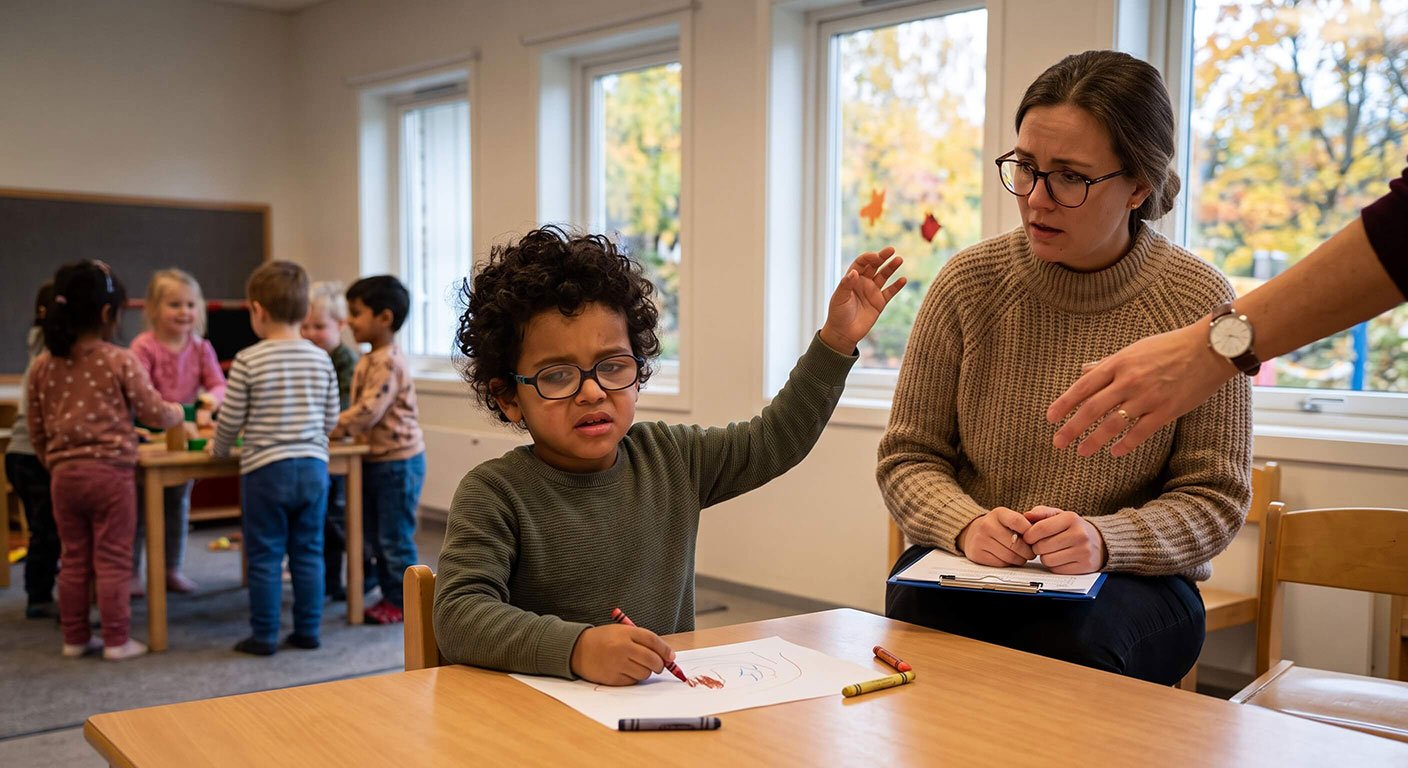 A classroom photograph shows a young boy with curly hair and glasses, in a green sweater, sitting at a table with crayons and paper and raising his left hand, looking towards an adult off-camera with a distressed expression. Next to him, a woman in a tan sweater, also with glasses, sits holding a clipboard and pen, looking directly at the boy with concern. Another person's arm and a watch are partially visible in the foreground. In the background, other children play at a different table, and windows show autumn foliage.